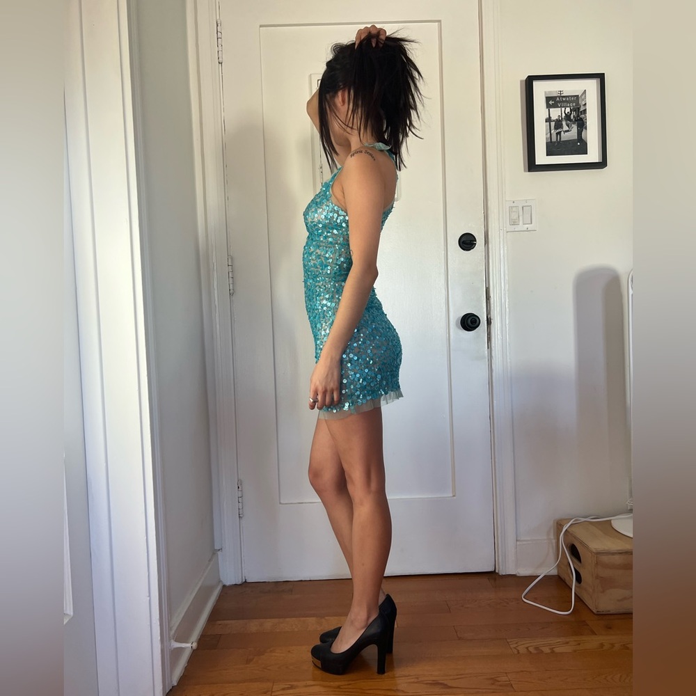 Y2K mesh aqua sequin mini dress
